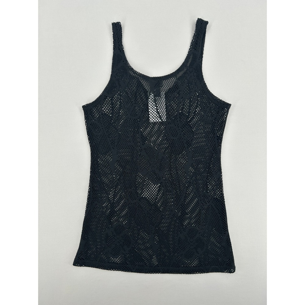 Donna Black Crochet Knit Lace Up Front Tank Top Floral Mesh Cover Up Medium - Picture 9 of 11